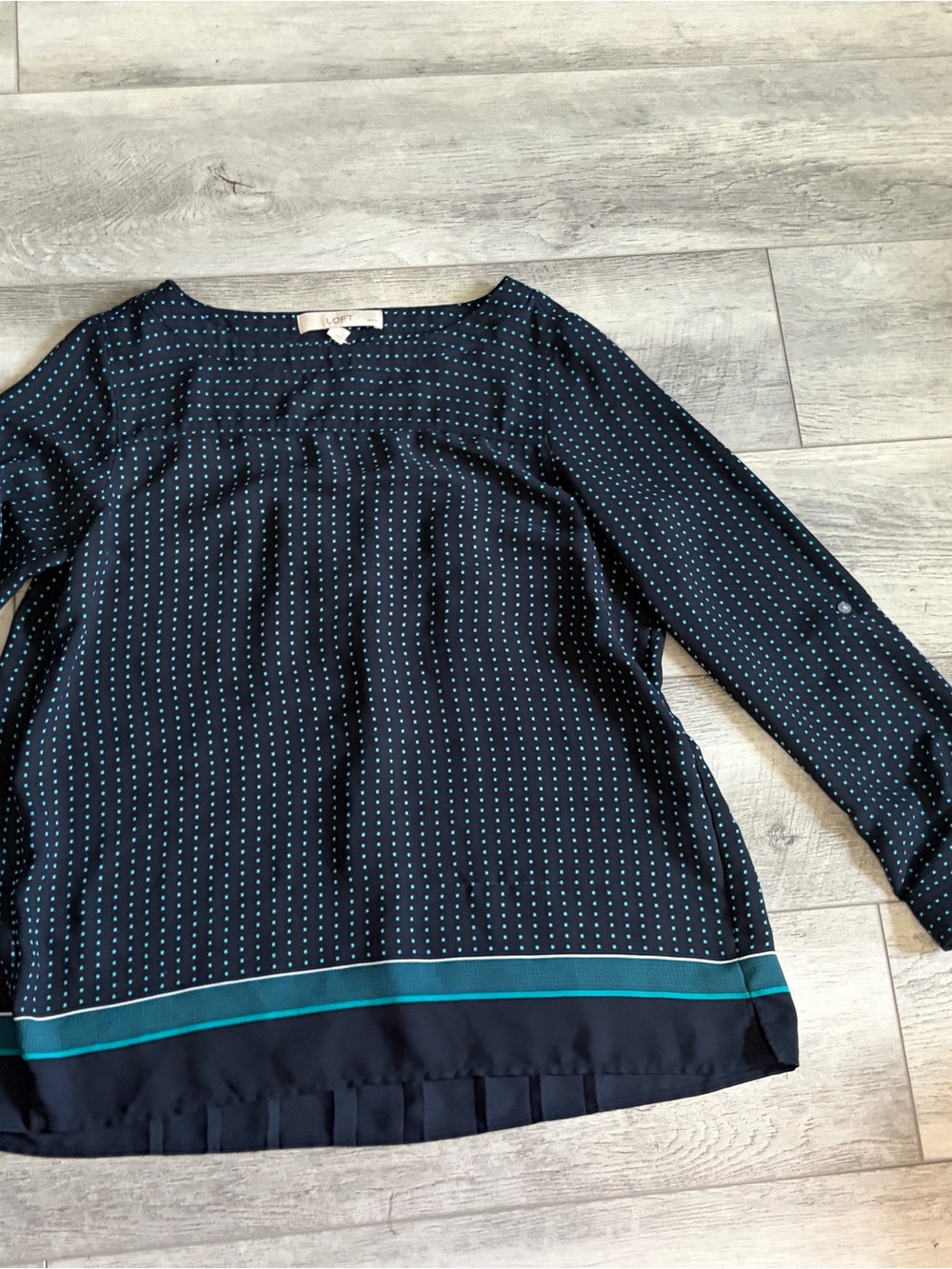 LOFT Navy Polka Dot Blouse with Teal Hem Trim